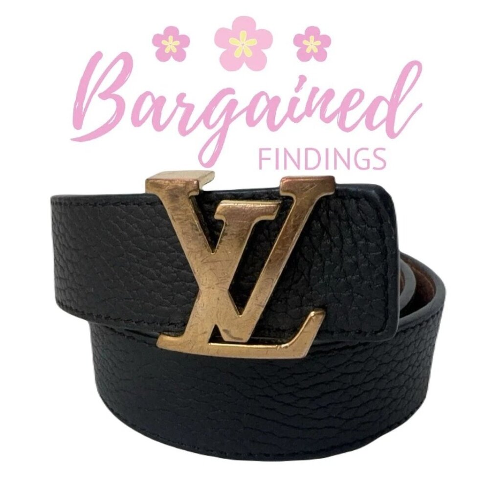 Auth Louis Vuitton Black/Brown Leather Reversible Gold LV Initials Belt 90/36